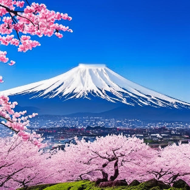 Fuji-Berg und Kirschblüten im Frühling in Japan
