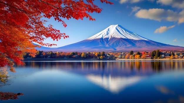 Fuji-Berg und -See am Morgen mit Herbstblättern in Japan