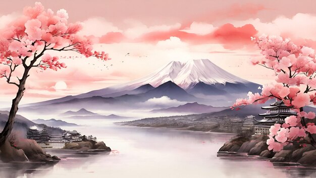 Fuji und Kirschblüten im Frühling Hintergrund Aquarellmalerei