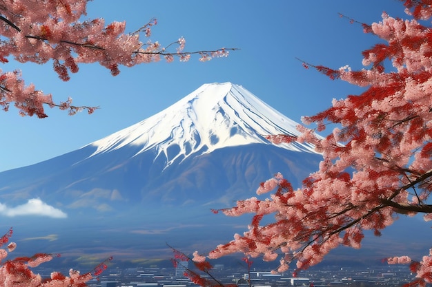 Fuji- und Kirschblüten im Frühling mit blauem Himmelshintergrund