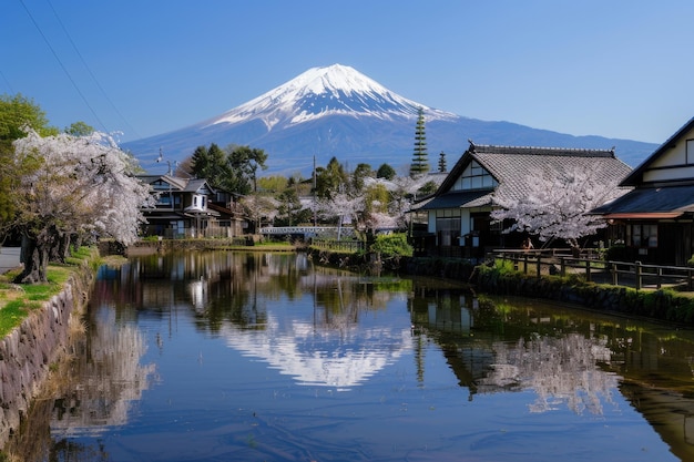 Foto fujinomiya shizuoka japão com o monte fuji e templos na primavera