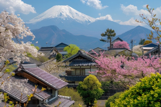 Fujinomiya Shizuoka Japão com o Monte Fuji e templos na primavera