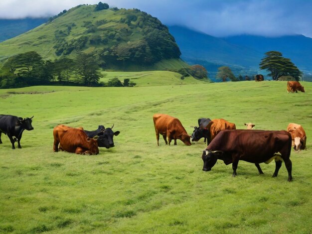 Fujis Bounty Cows mordendo o tapete exuberante da natureza