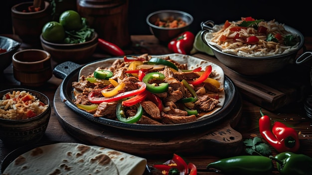 Fujitas con carne y trozos de pimientos rojos y verdes en un plato de madera con fondo borroso