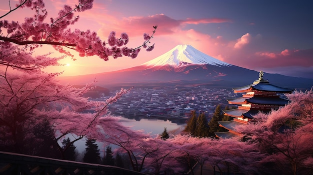 Fujiyoshida Japão Bela vista da montanha Fuji e pagode Chureito ao pôr do sol Generative AI
