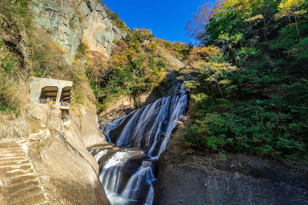 Fukuroda fällt im Herbst in Daigo, Präfektur Ibaraki, Japan. Der Fluss fließt durch die Wasserfälle und mündet schließlich in einen großen Kuji-Fluss. Die Breite der Wasserfälle beträgt 73 m, während die Höhe 120 m erreicht.