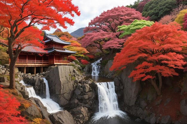 Fukuroda-Wasserfall versteckt hinter einem roten Ahorn während der Herbst-Koyo-Saison in Japan