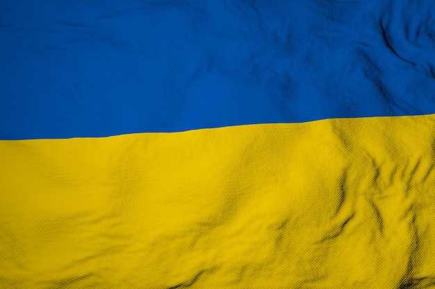 Full-Frame-Nahaufnahme auf einer wehenden ukrainischen Flagge in 3D-Rendering