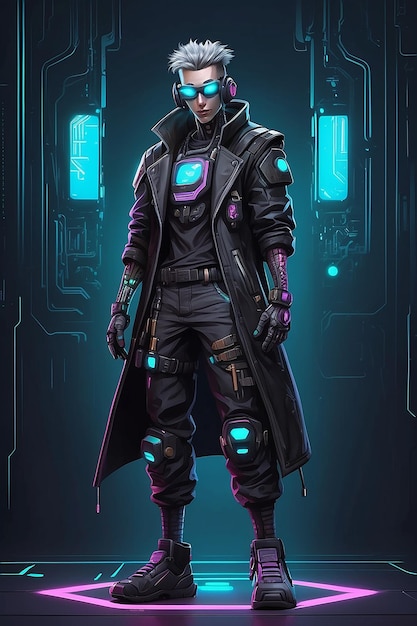 Foto fulllength cyberpunk mascot gráfico para impresión y medios digitales arte de pose frontal