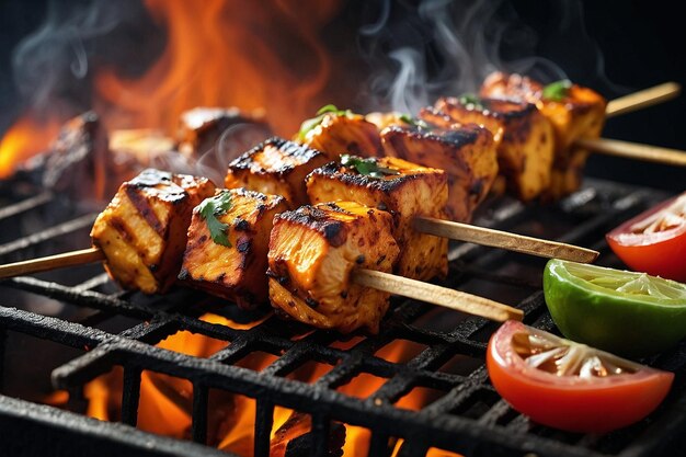 Foto fumaça aromática saindo de uma grelha quente de paneer tikka