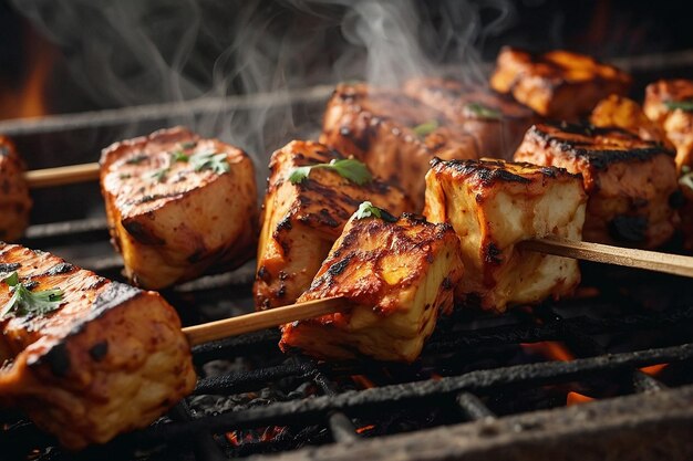 Fumaça aromática saindo de uma grelha quente de paneer tikka