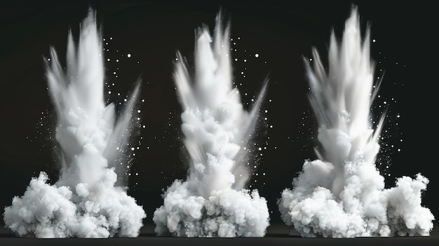 Fumaça branca poeira spray explosão de pó com partículas rastros de fumaça correntes de fumo aroma ou nuvens tóxicas vapor de produtos químicos ou cosméticos conjunto elegante de 3d moderna clip art isolado