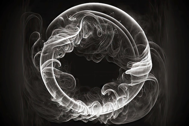 Fumaça branca transparente ondulando ao redor do anel na ilustração digital de fundo preto