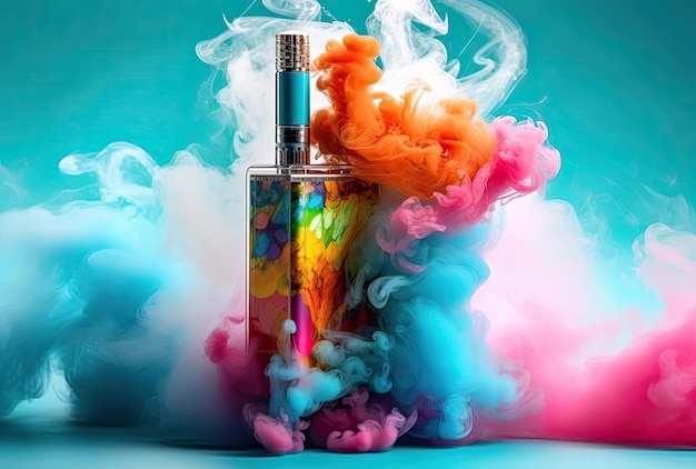 fumaça colorida brilhante em um vape eletrônico portátil no estilo de impressão de emulsão líquida