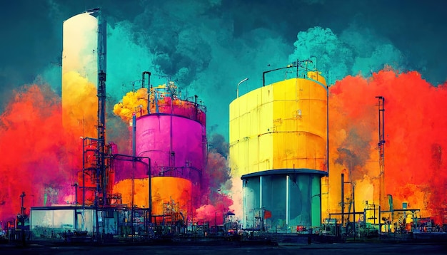 Foto fumaça colorida de fábrica química colorida saindo de tubos pintando ilustração