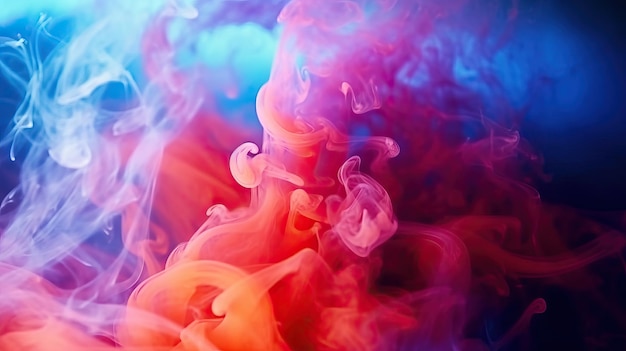 Fumaça colorida vibrante capturada com detalhes impressionantes contra um pano de fundo escuro, imagem parada no tempo flutuando