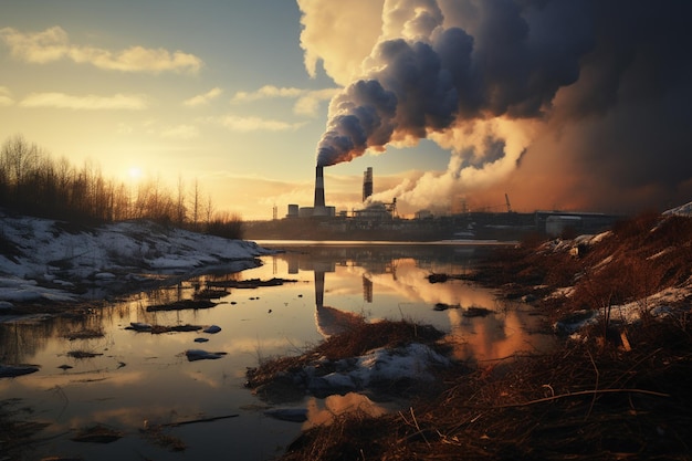 fumaça da chaminé Tubo de fábrica poluindo o ar problemas ambientais reflexo na água do rio rússia pôr do sol sol