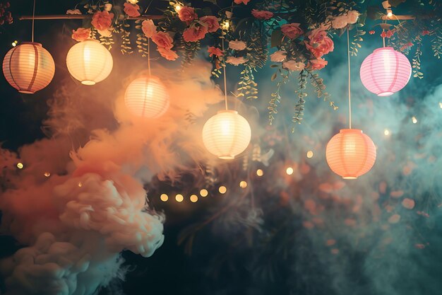 Fumaça de festa de jardim com fumaça floral e cor pastel Fumaça brilhante Textura Y2K Colagem Arte de luz