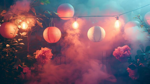 Fumaça de festa de jardim com fumaça floral e cor pastel Fumaça brilhante Textura Y2K Colagem Arte de luz