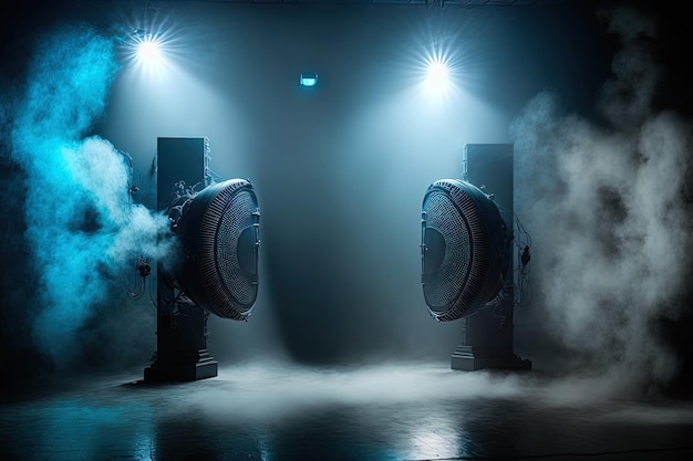 Fumaça e holofotes azuis em um ambiente de entretenimento de estúdio