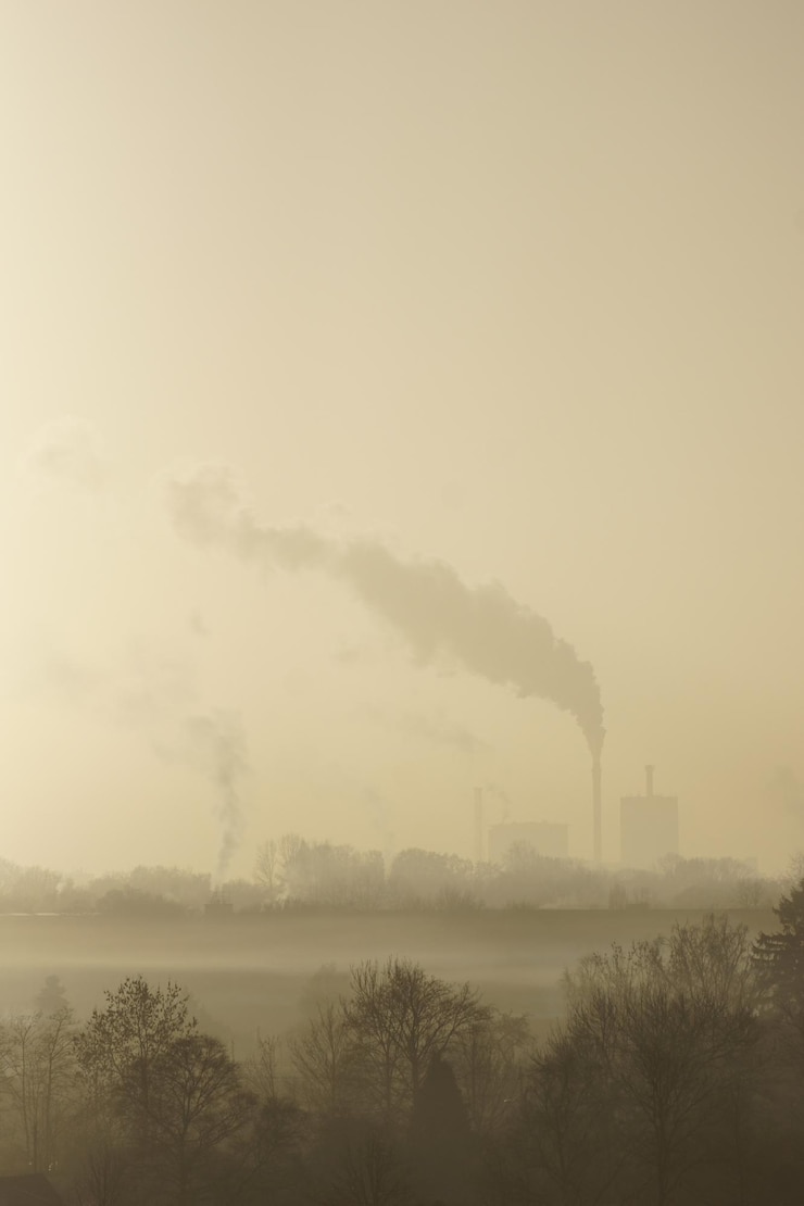 Foto fumaça emitida pela fábrica contra um céu claro