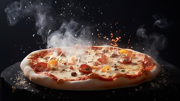 Foto fumaça quente margarita pizza queijo caindo