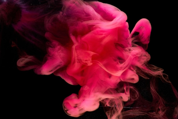 Fumaça rosa sobre fundo de tinta preta, neblina colorida, mar oceânico de toque giratório abstrato, pigmento de tinta acrílica debaixo d'água