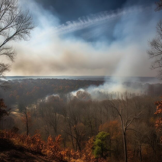 Foto fumaça sobre uma floresta em chamas incêndio florestal criado com ferramentas generativas de al