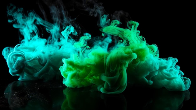 Fumaça verde sobre fundo preto com reflexo da fumaça em primeiro plano Generative AI