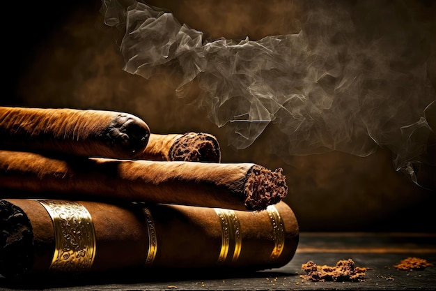 Fumar cigarros cubanos sobre fondo oscuro con humo