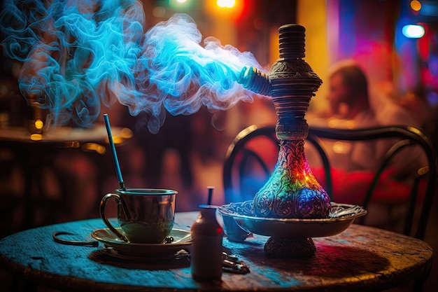 Fumar shisha con luces multicolores en cafe hookah