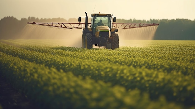 Fumigación de campo de soja con tractor La IA generativa