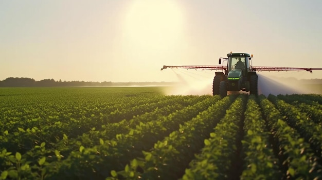 Fumigación de campo de soja con tractor La IA generativa