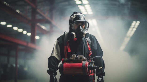 Fumigador protegido con niebla en el almacén para la manipulación segura de productos químicos