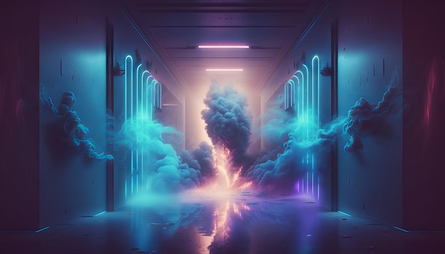 Fumo Nevoeiro Futurista Hall Corredor com Neon Laser Led Azul Roxo Brilhante Túnel Metal Reflexão Generativa ai