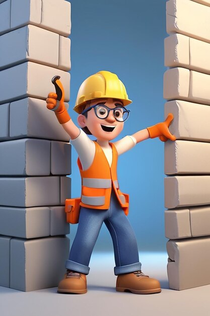 Foto fun 3d cartoon arquiteto construindo uma parede personagem