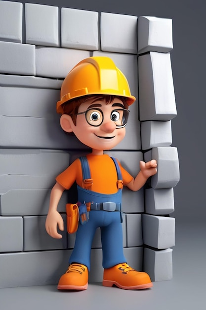 Fun 3D Cartoon Arquiteto Construindo uma Parede Personagem