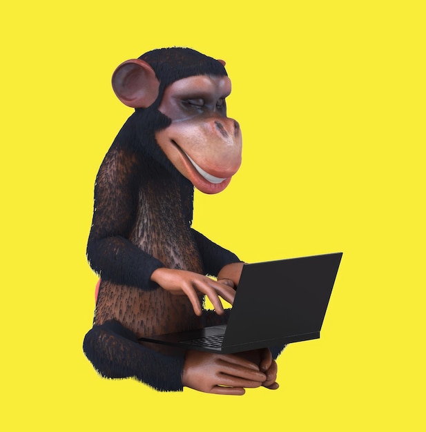 Fun 3D cartoon monkey character with a laptop