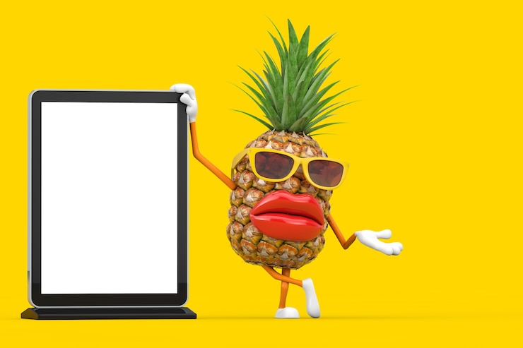 Foto fun cartoon fashion hipster cut abacaxi pessoa personagem mascote com em branco trade show tela lcd stand como modelo para seu projeto em um fundo amarelo. renderização 3d