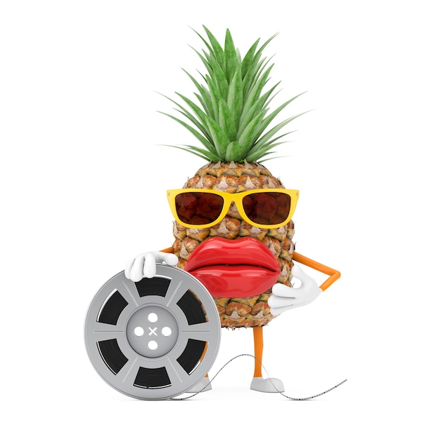 Fun Cartoon Fashion Hipster Cut Pineapple Person Character Mascote com Film Reel Cinema Tape em um fundo branco. Renderização 3D