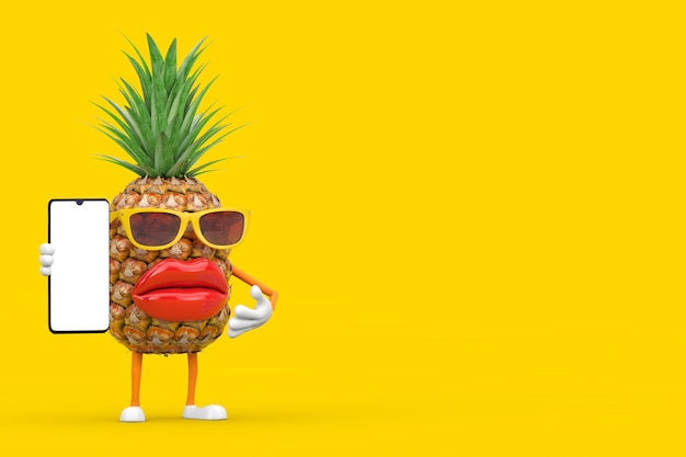 Fun cartoon fashion hipster cut pineapple person character mascote e telefone celular moderno com tela em branco para seu projeto em um fundo amarelo. renderização 3d