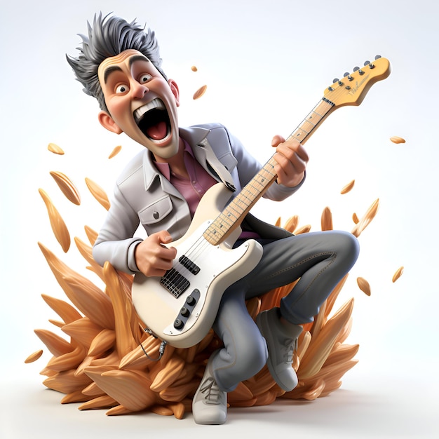 Fun Cartoon-Mann spielt die E-Gitarre auf einem weißen Hintergrund 3D-Illustration