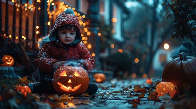 Foto fun familia padres y niños creando un espeluznante país de las maravillas de halloween con decoraciones telarañas y calabazas