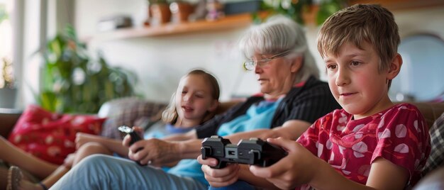 Fun Family Kids se involucran en juegos portátiles con apoyo multigeneracional