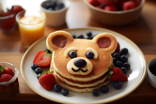 Fun Kid Breakfast Pancake bear cara sonriente con varias frutas