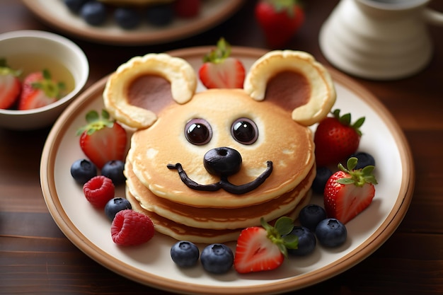 Fun Kid Breakfast Pancake urso rosto sorridente com várias frutas