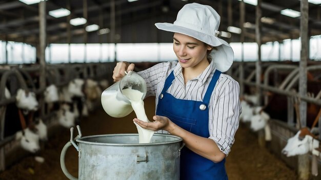 Foto funcionária agrícola que adiciona leite a um recipiente metálico na zona agrícola