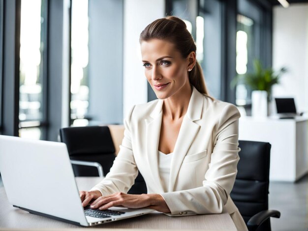 Funcionária profissional ou mulher de negócios usando um laptop em um escritório moderno Espaço de cópia