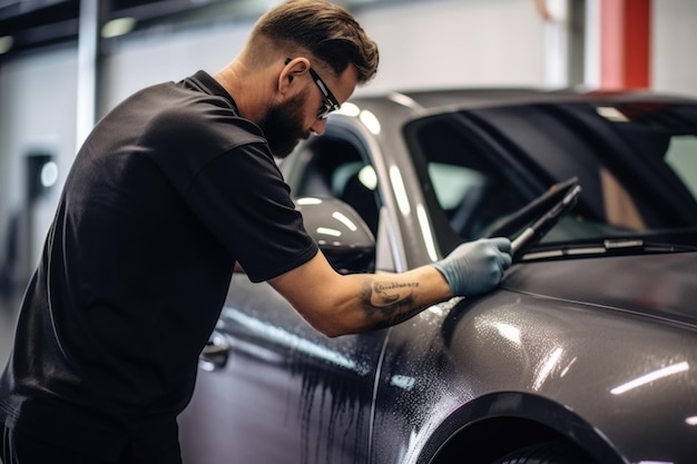 Funcionário aplica revestimento cerâmico a um carro cinzento no estúdio de detalhamento