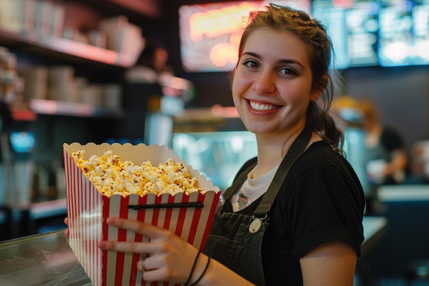 Funcionário feliz servindo pipocas no cinema com IA gerada